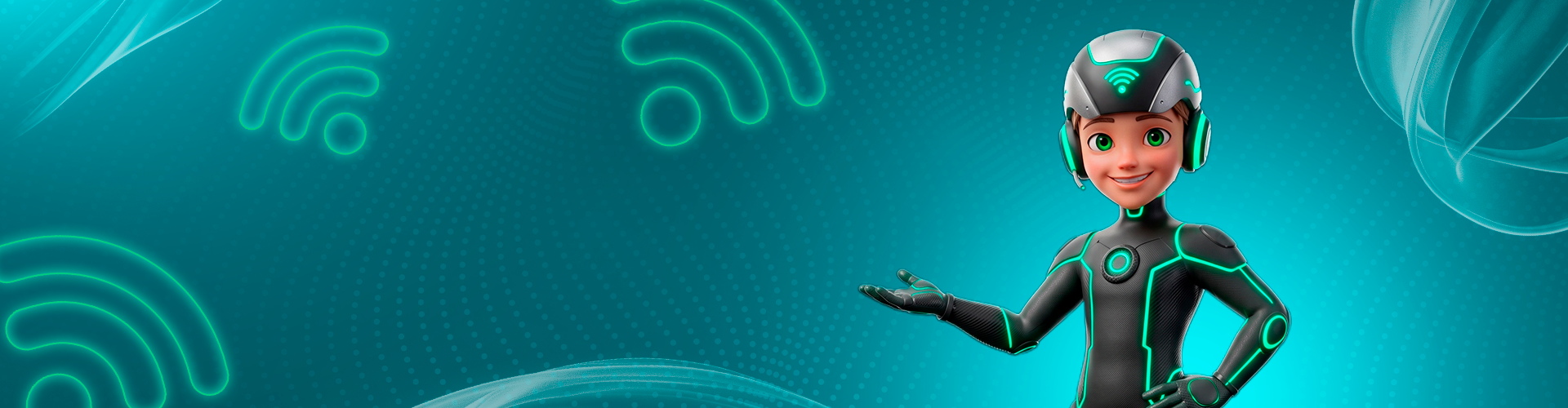 Mascote Raynet em um cenário verde, com símbolo de Wi-Fi no capacete