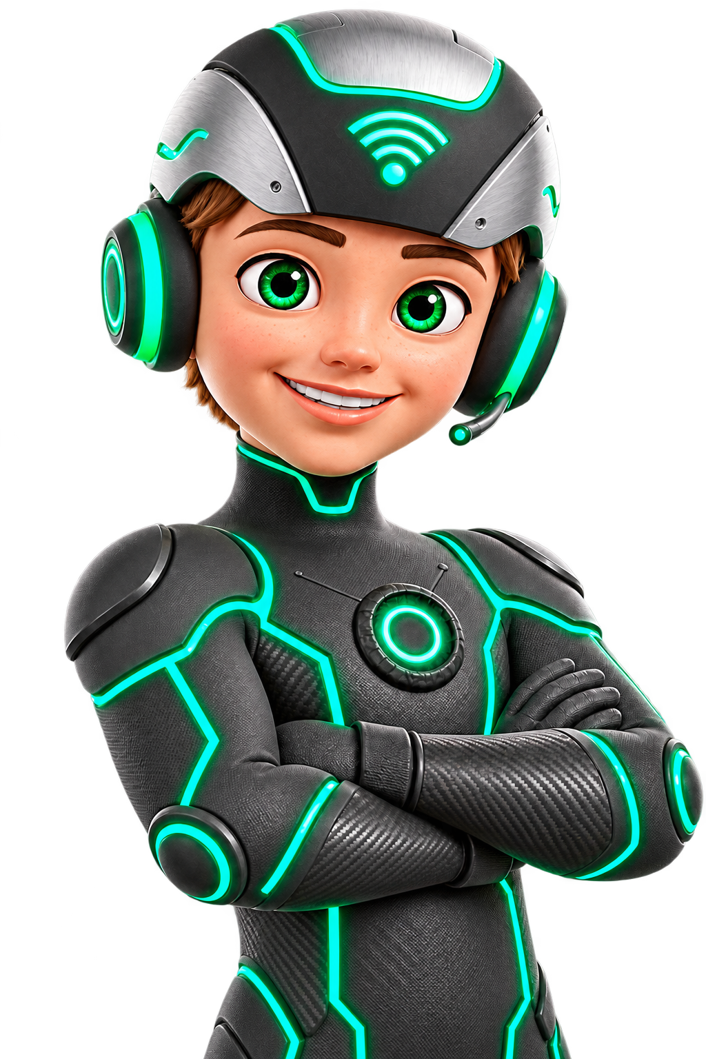Mascote da Raynet de braços cruzados, sorrindo